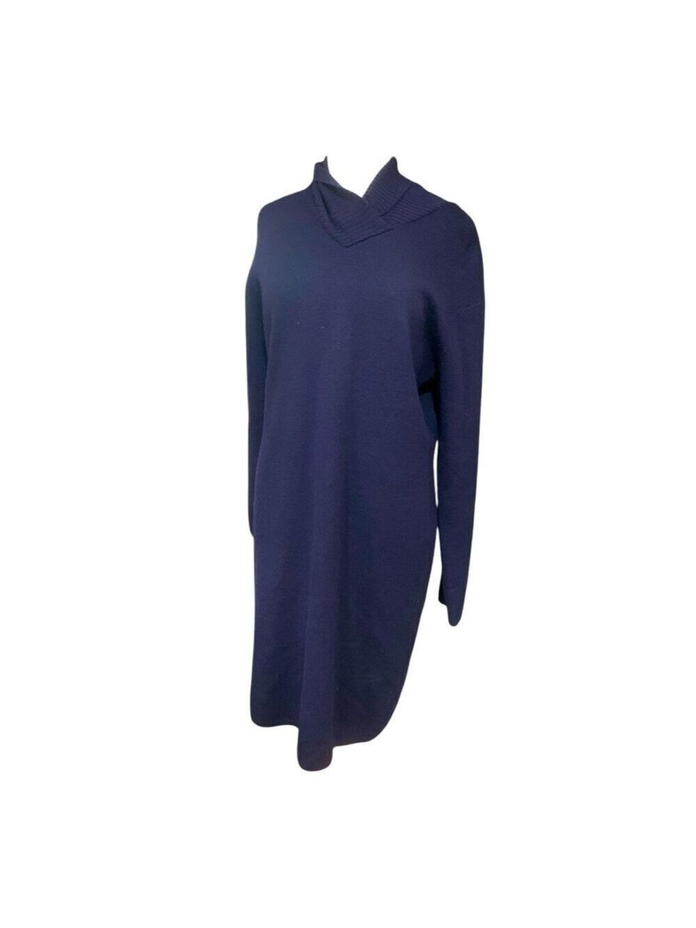 Vntg  90’s cowl neck navy blue 100% wool long sleeved midi sweater dress Large